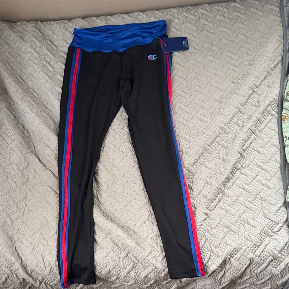 Champion womens Black Leggings with Blue and Red Stripes